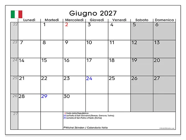 Calendario giugno 2027 da stampare - Italia