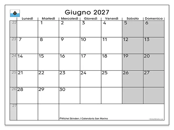Calendario giugno 2027 da stampare - San Marino