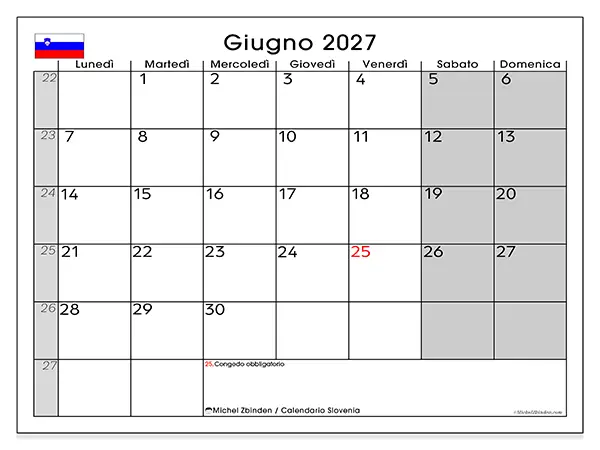 Calendario giugno 2027 da stampare - Slovenia