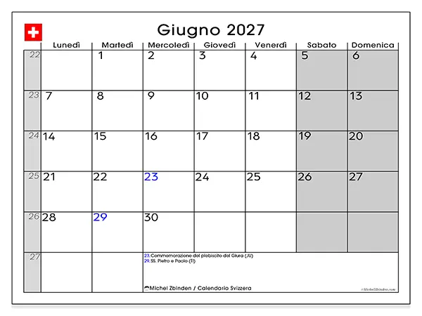 Calendario giugno 2027 da stampare - Svizzera