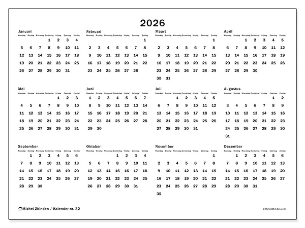 Jaarkalender 2026 om af te drukken - Globale organisatie