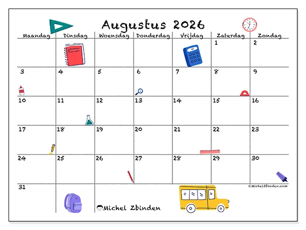 Kalender augustus 2026 om af te drukken - Terug naar school