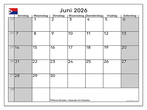 Kalender Sint Maarten: juni 2026 - Michel Zbinden NL