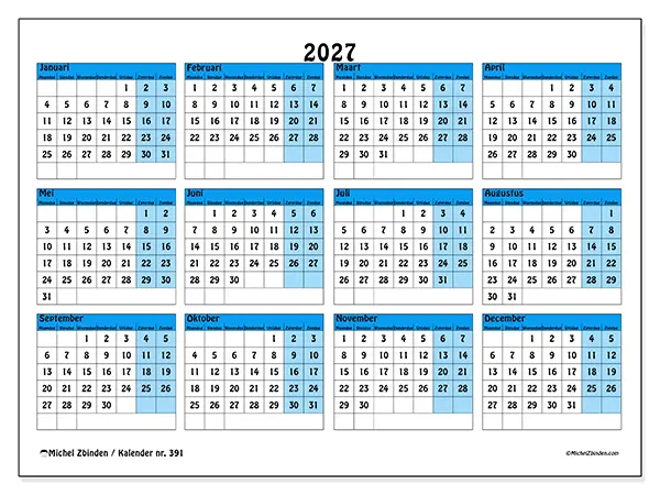 Jaarkalender 2027 om af te drukken - Organisatie in kleur