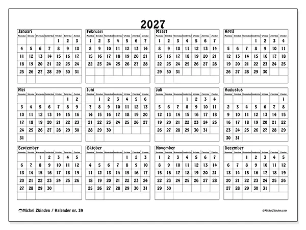 Jaarkalender 2027 om af te drukken - School en studie