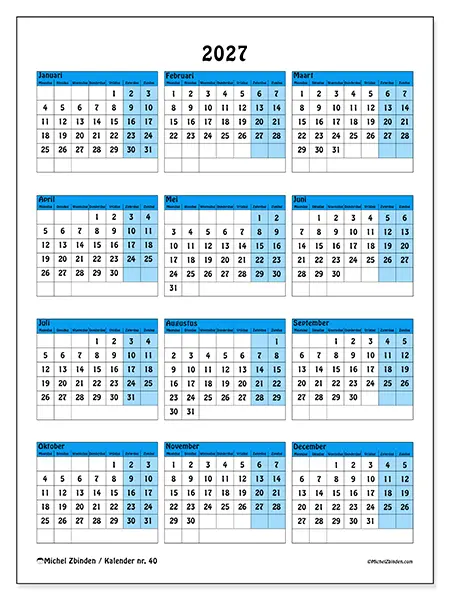 Jaarkalender 2027 om af te drukken - Kleurrijke organisatie