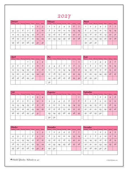 Jaarkalender 2027 om af te drukken - Zachtheid en charme