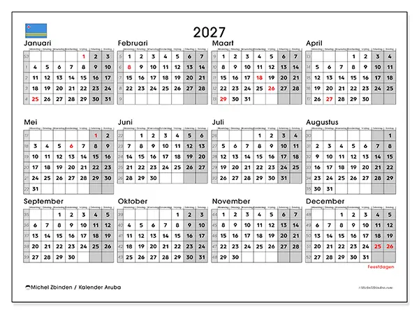 Jaarkalender 2027 om af te drukken - Aruba