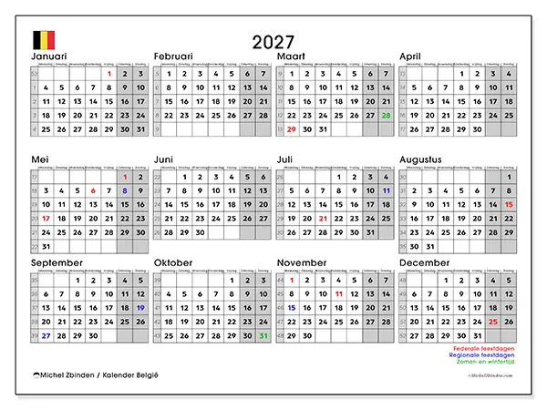 Jaarkalender 2027 om af te drukken - België