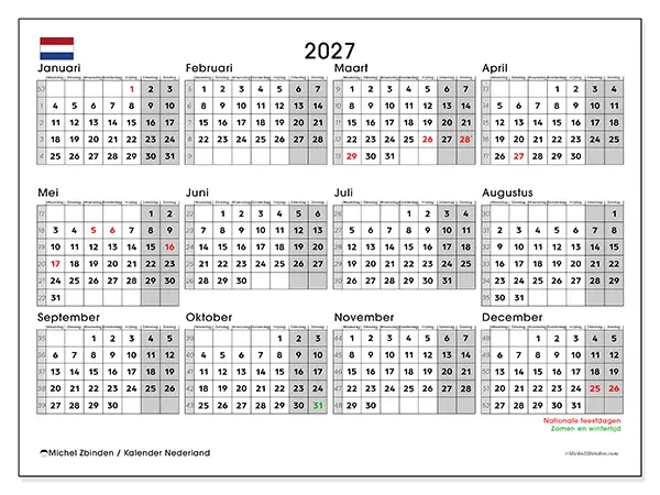 Jaarkalender 2027 om af te drukken - Nederland