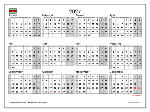 Jaarkalender 2027 om af te drukken - Suriname