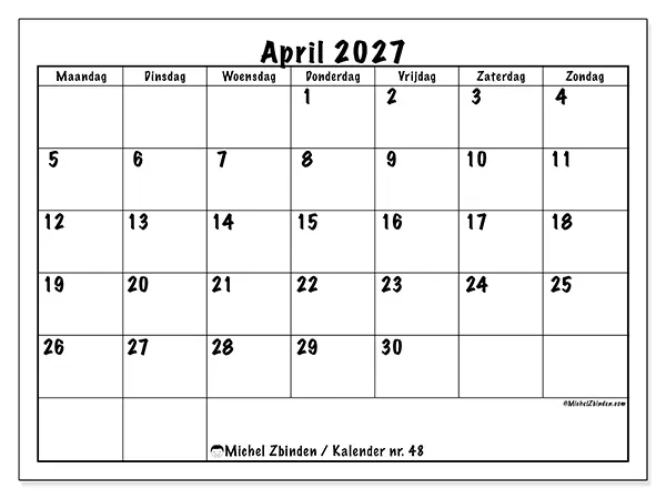 Kalender april 2027 om af te drukken - Dagelijkse planning