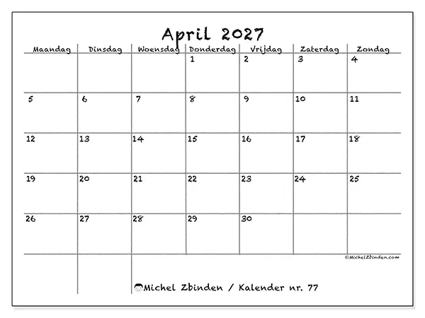 Kalender april 2027 om af te drukken - School en familie