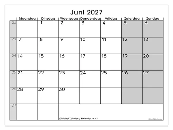 Kalender juni 2027 om af te drukken - Eenvoudig overzicht