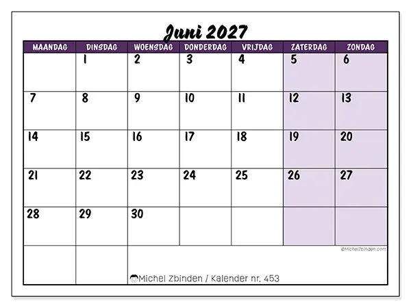 Kalender juni 2027 om af te drukken - Kleurrijke taken