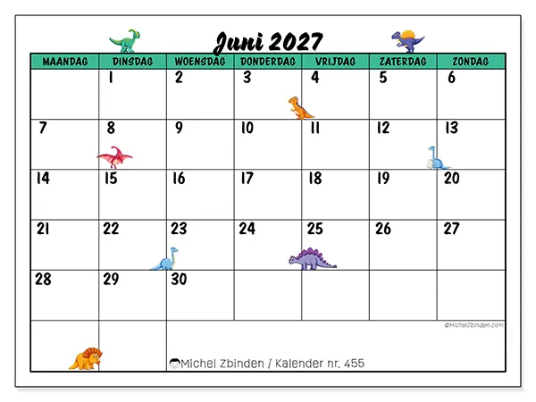 Kalender juni 2027 om af te drukken - Kleine dinosaurussen