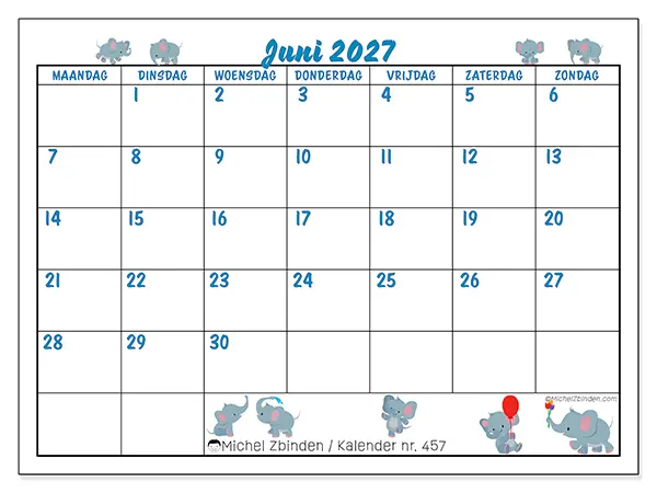 Kalender juni 2027 om af te drukken - Kleine olifanten