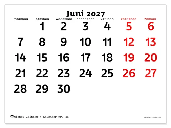 Kalender juni 2027 om af te drukken - Duidelijk overzicht