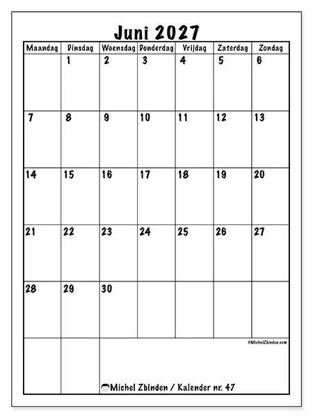 Kalender juni 2027 om af te drukken - Efficiënte planning