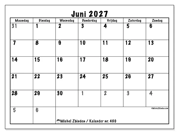 Kalender juni 2027 om af te drukken - Volledige planning