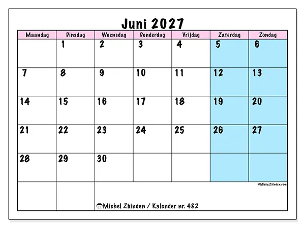 Kalender juni 2027 om af te drukken - Teamagenda