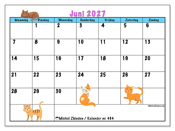 Kalender juni 2027 om af te drukken - Liefde voor katten