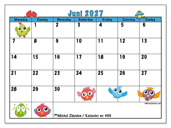Kalender juni 2027 om af te drukken - Grappige vogels