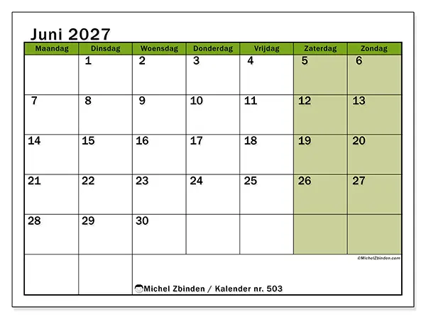 Kalender juni 2027 om af te drukken - Levendige organisatie
