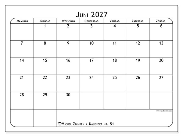 Kalender juni 2027 om af te drukken - Maaltijdplanner