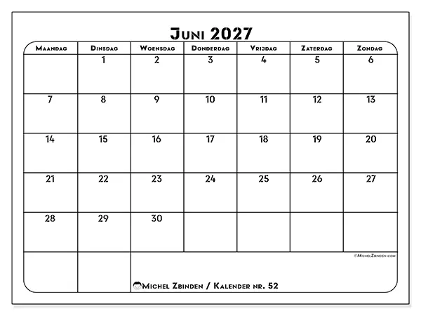Kalender juni 2027 om af te drukken - Professionele organisatie