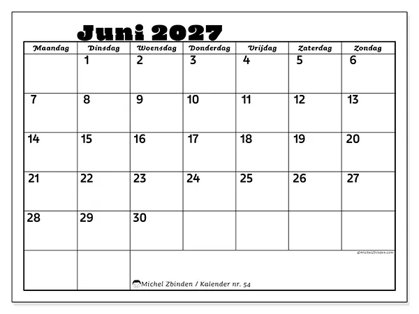 Kalender juni 2027 om af te drukken - Familieactiviteiten