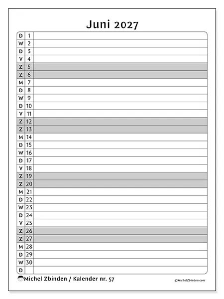 Kalender juni 2027 om af te drukken - Activiteitenlijst