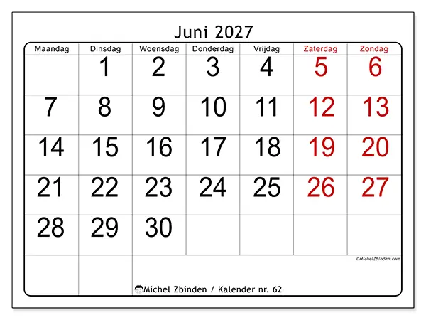 Kalender juni 2027 om af te drukken - Snel overzicht