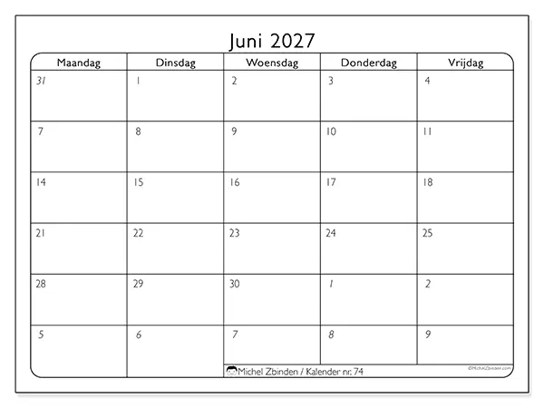 Kalender juni 2027 om af te drukken - Werkorganisatie