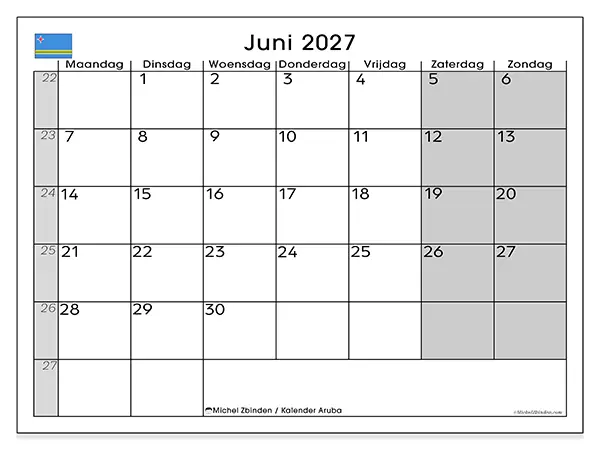 Kalender juni 2027 om af te drukken - Aruba