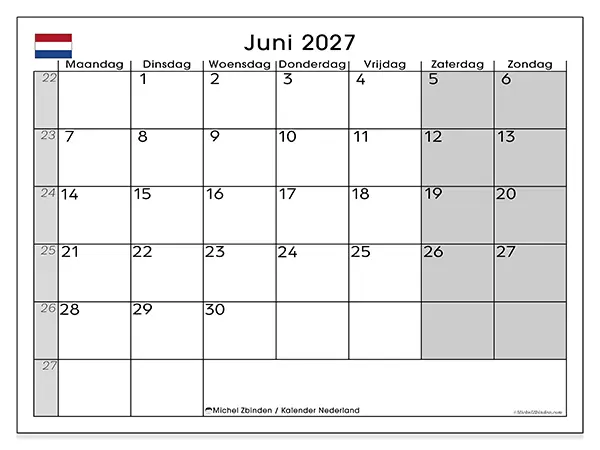 Kalender juni 2027 om af te drukken - Nederland