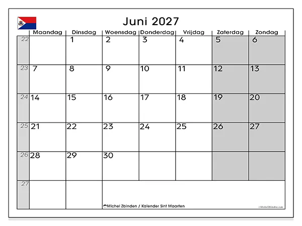 Kalender juni 2027 om af te drukken - Sint Maarten