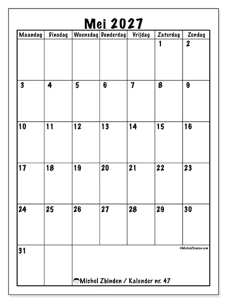 Kalender mei 2027 om af te drukken - Efficiënte planning