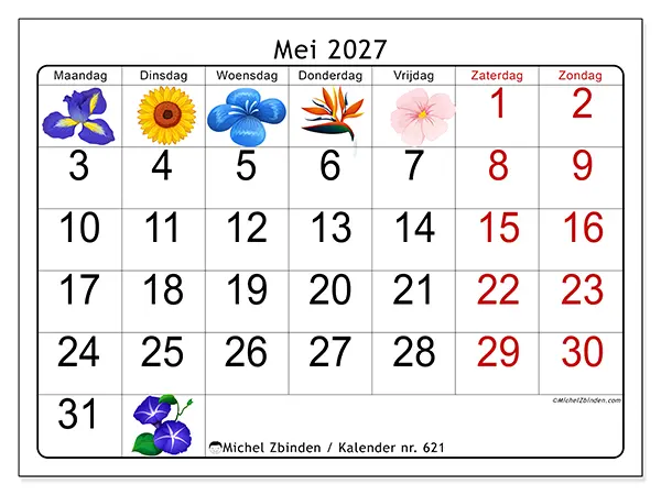 Kalender mei 2027 om af te drukken - Grote bloemen