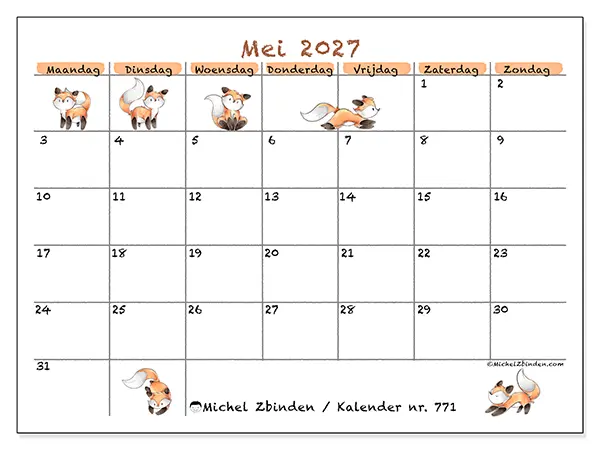 Kalender mei 2027 om af te drukken - Vossentekeningen