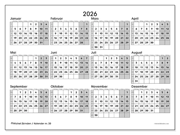 Årskalender 2026 til utskrift - Full organisering