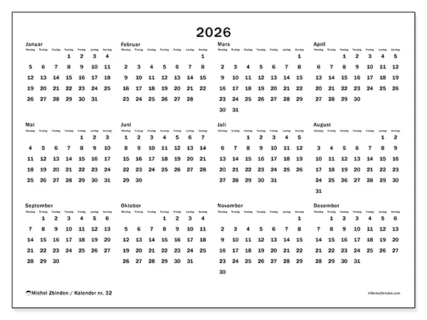 Årskalender 2026 til utskrift - Global organisering