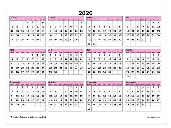 Årskalender 2026 til utskrift - Planlegging og oversikt