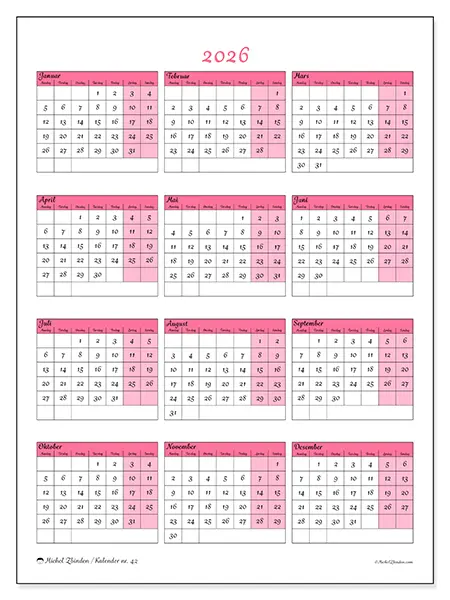 Årskalender 2026 til utskrift - Mykhet og sjarm