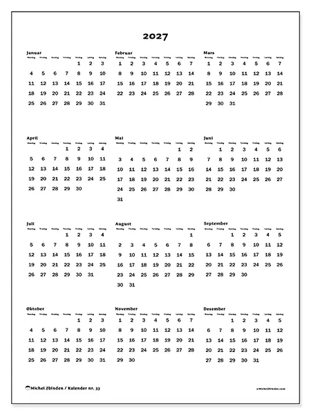 Årskalender 2027 til utskrift - Oversikt