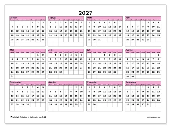 Årskalender 2027 til utskrift - Planlegging og oversikt
