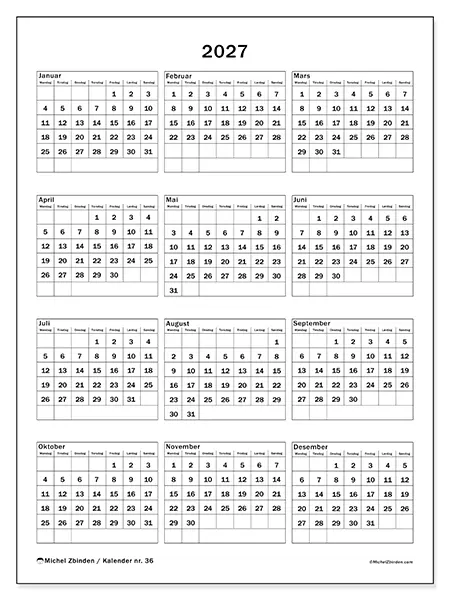 Årskalender 2027 til utskrift - Familiefeiringer