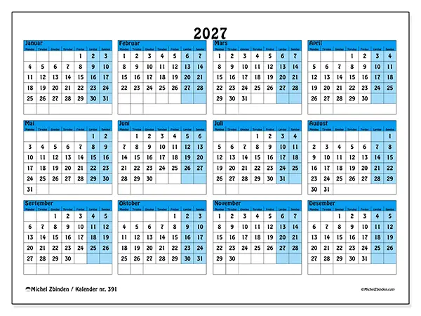 Årskalender 2027 til utskrift - Organisering i farger