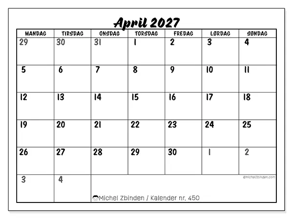 April 2027 kalendere til utskrift - Detaljert organisering