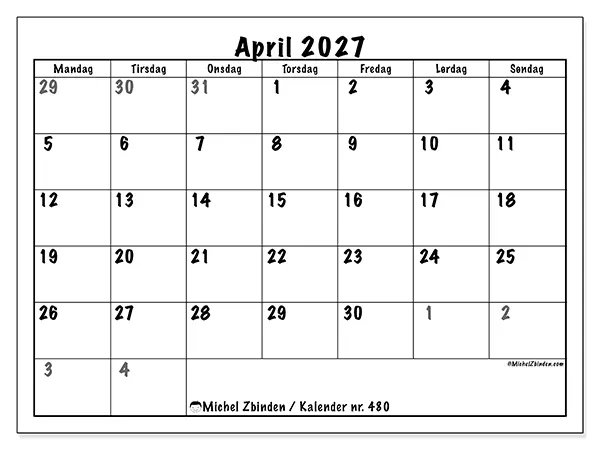 April 2027 kalendere til utskrift - Fullstendig planlegging